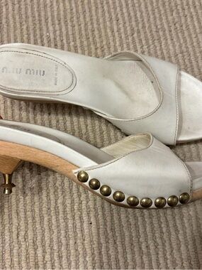 Miu Miu Ivory Leather Studded Open-Toe Mules